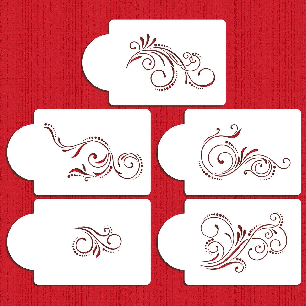 Five Scroll Cake Stencil Set | C480 by Designer Stencils | Cake Decorating Tools | Baking Stencils for Royal Icing, Airbrush, Dusting Powder | Reusable Plastic Food Grade Stencil for Cakes | Easy to Use & Clean Cake Stencil